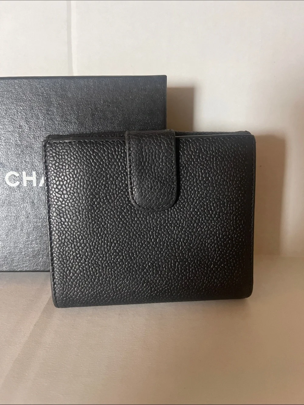 CHANEL Black Quilted Caviar Leather Compact Wallet with CC Logo